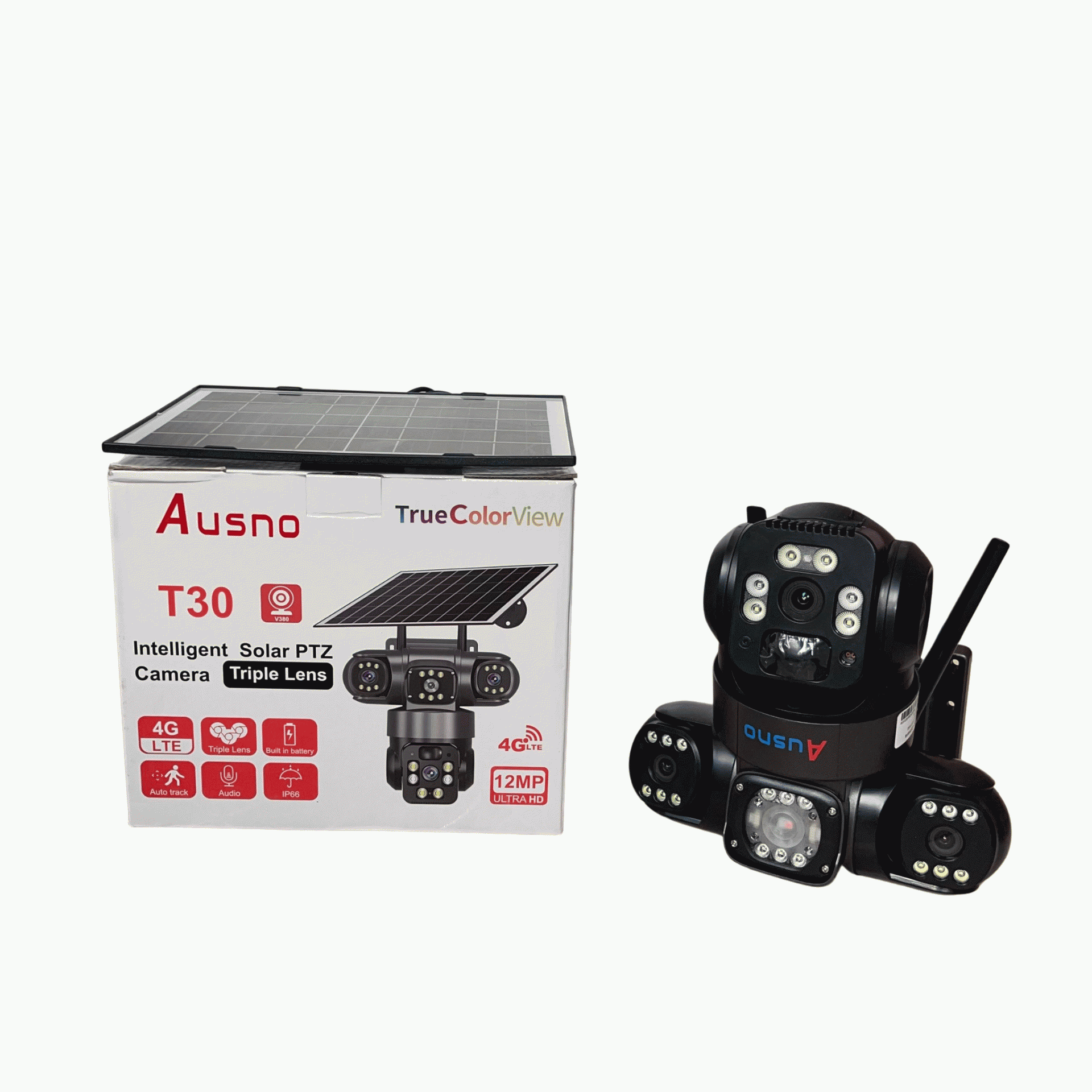 Ausno 12mp 4g T30 True Triple Lens Solar Ptz Big Outdoor Camera With Auto Tracking V380 App