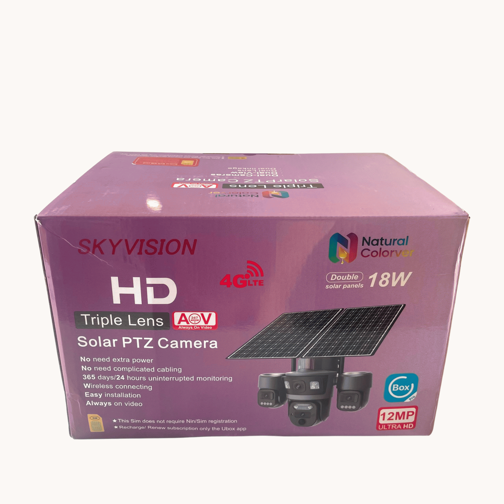 Skyvision 12mp 4g Aov Triple Lens Double Panel Solar Ptz Auto Rotate Big Outdoor Camera Ubox Pro App