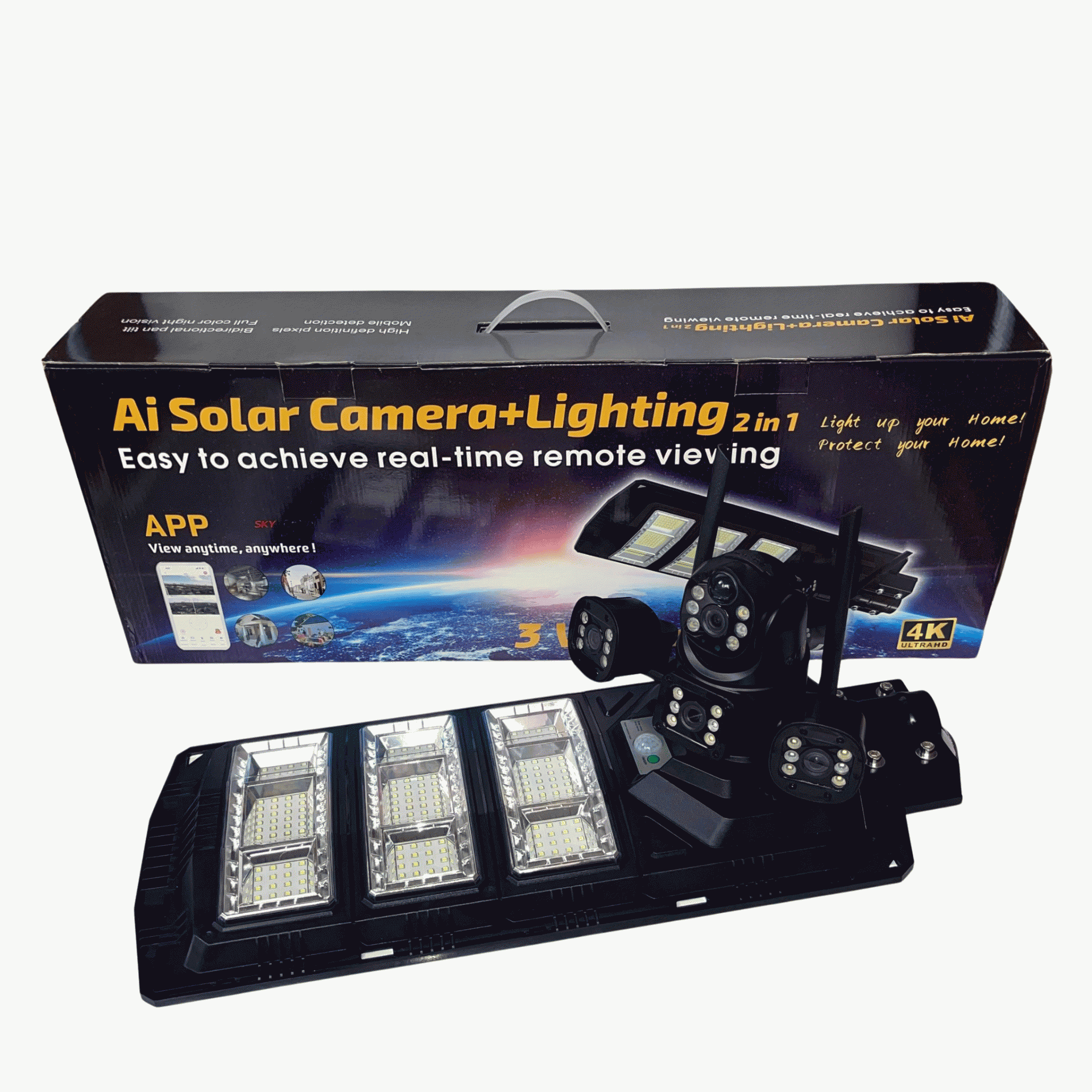 Skyvision 450watts Solar Street Light With Dual Lens Triple Screen 4k 4g Solar Camera V380 App