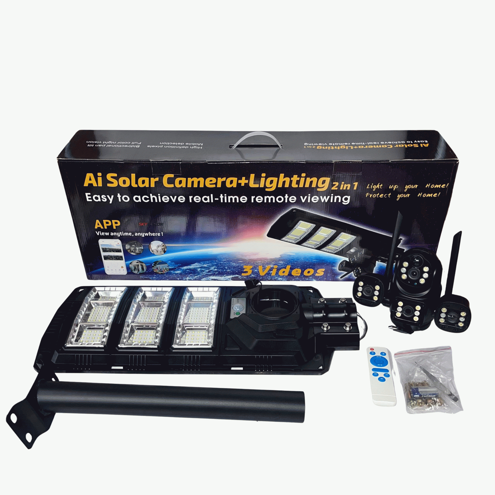 Skyvision 450watts Solar Street Light With Dual Lens Triple Screen 4k 4g Solar Camera V380 App