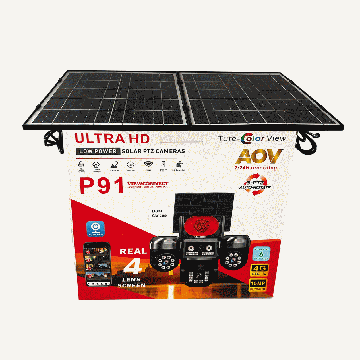 View Connect P91 15mp 4g Aov Ultra Hd Four Lens Double Panel Solar Ptz Auto Rotate Big Outdoor Camera (v380 App) (1)