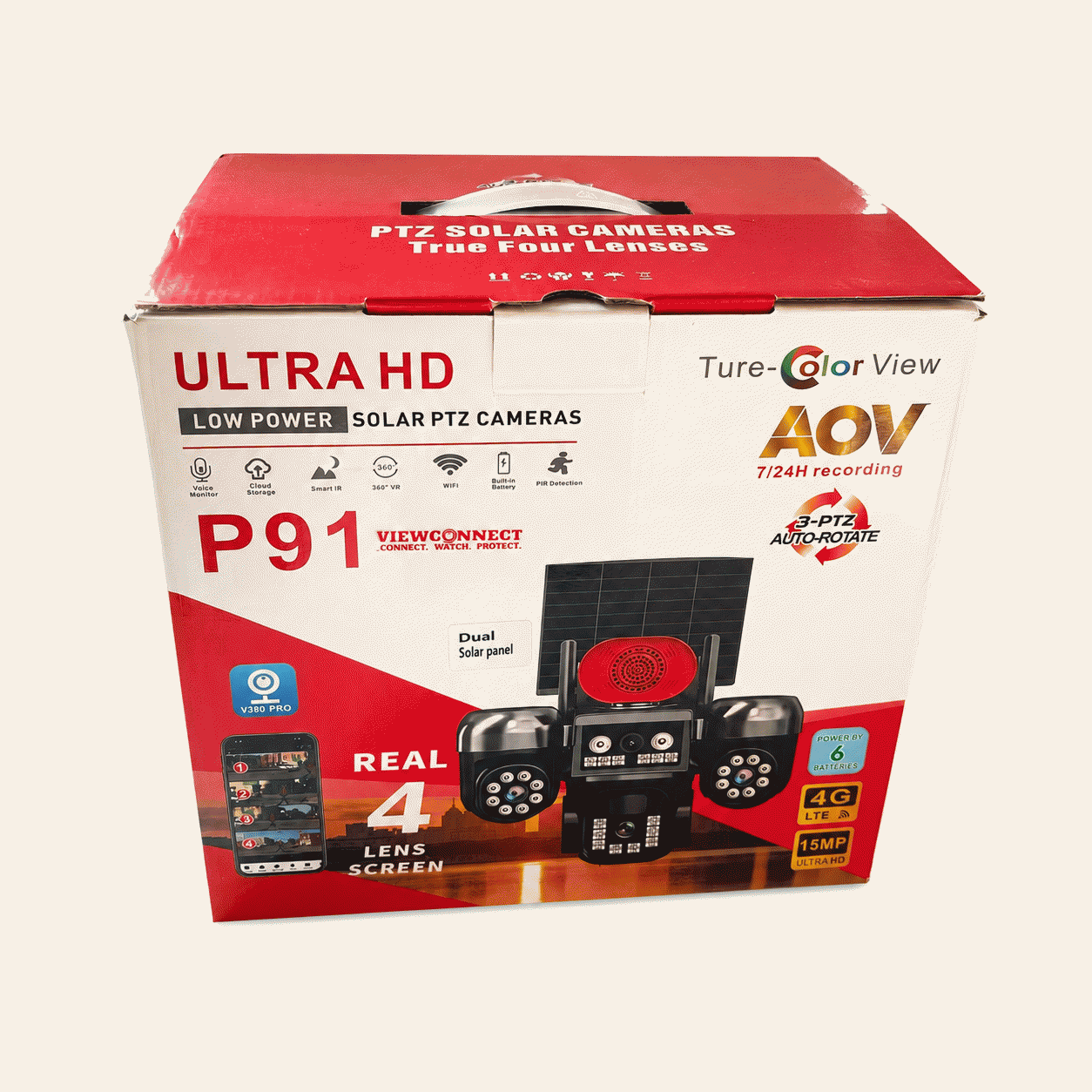 View Connect P91 15mp 4g Aov Ultra Hd Four Lens Double Panel Solar Ptz Auto Rotate Big Outdoor Camera (v380 App) (2)
