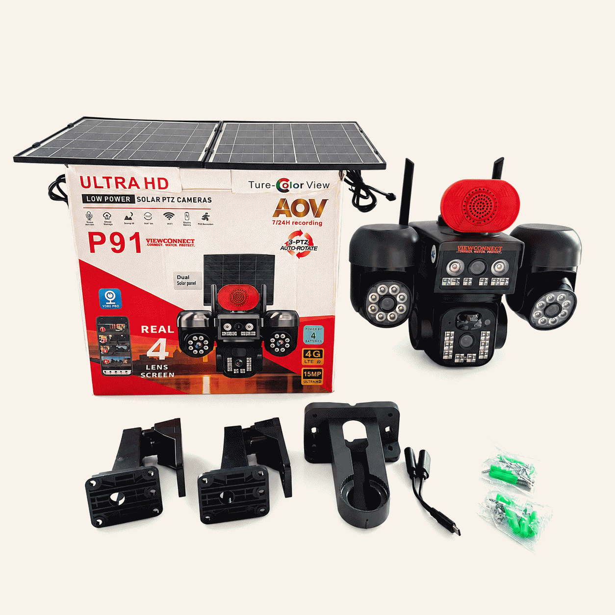 ViewConnect P91 15MP 4G AOV Ultra HD Four Lens Double Panel Solar PTZ Auto Rotate Big Outdoor Camera (V380 APP)