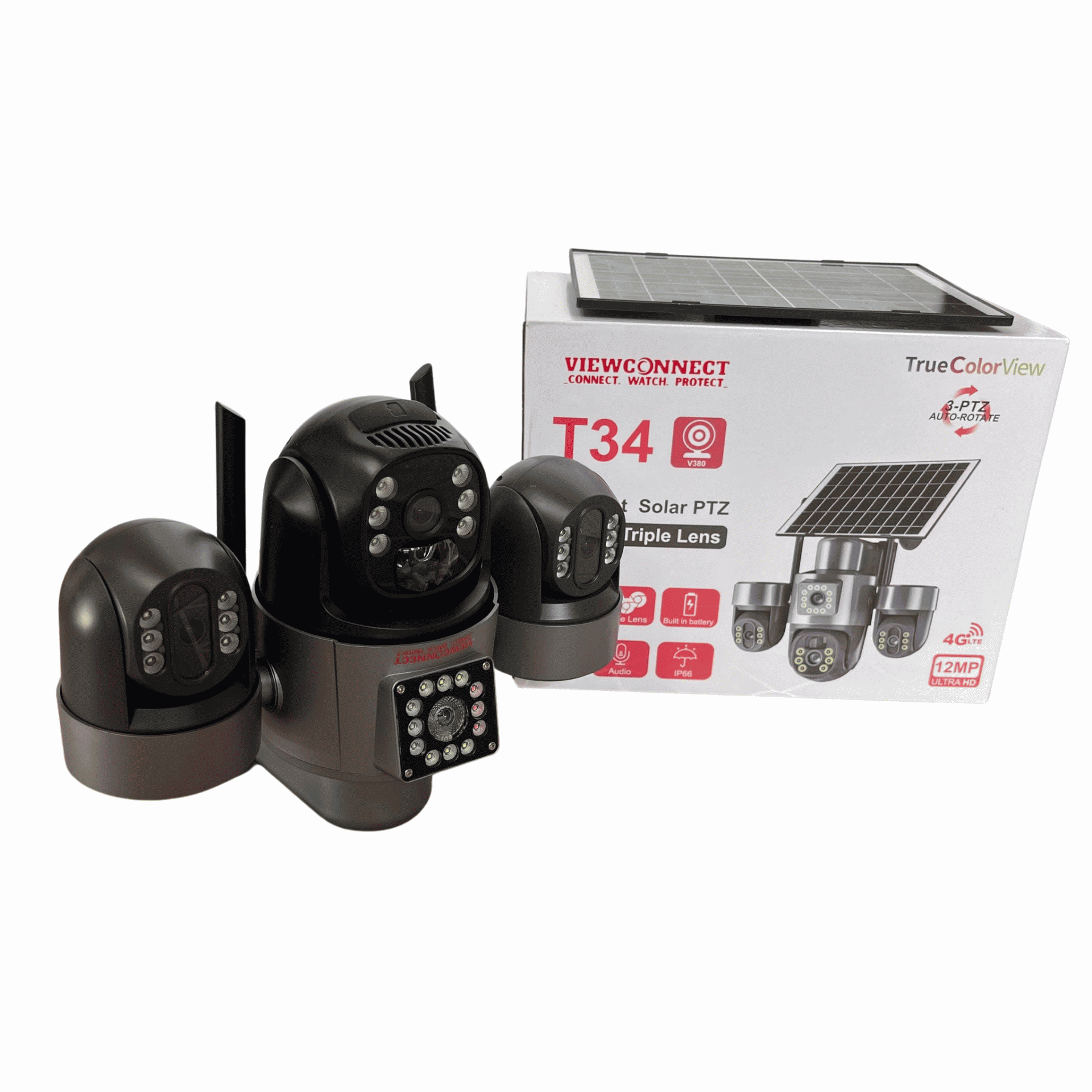 ViewConnect 12MP T34 T33 Triple Lens Solar 3-PTZ Auto Rotate Big Outdoor Camera (V380 APP)