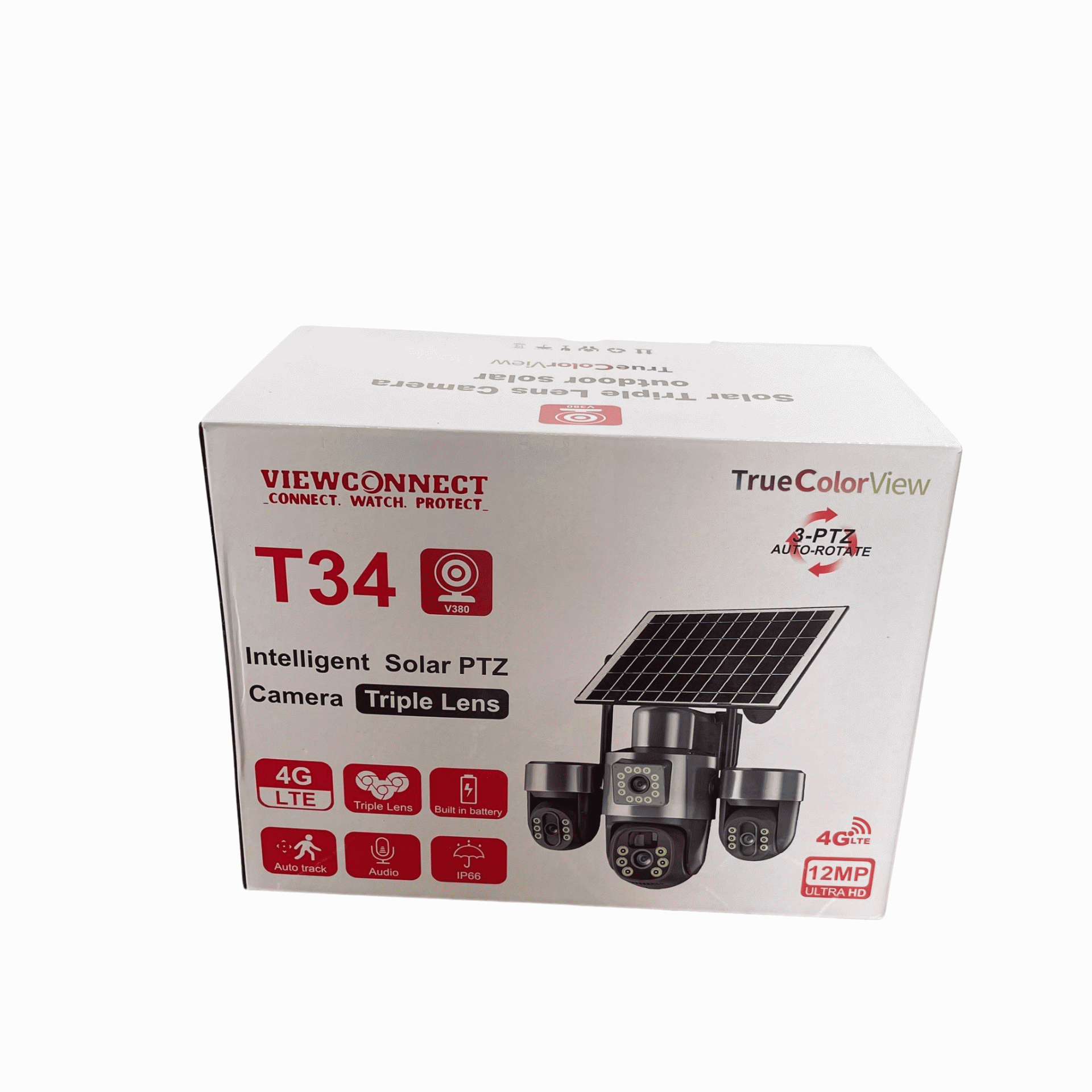 Viewconnect 12mp T34 T33 Triple Lens Solar 3 Ptz Auto Rotate Big Outdoor Camera V380 App
