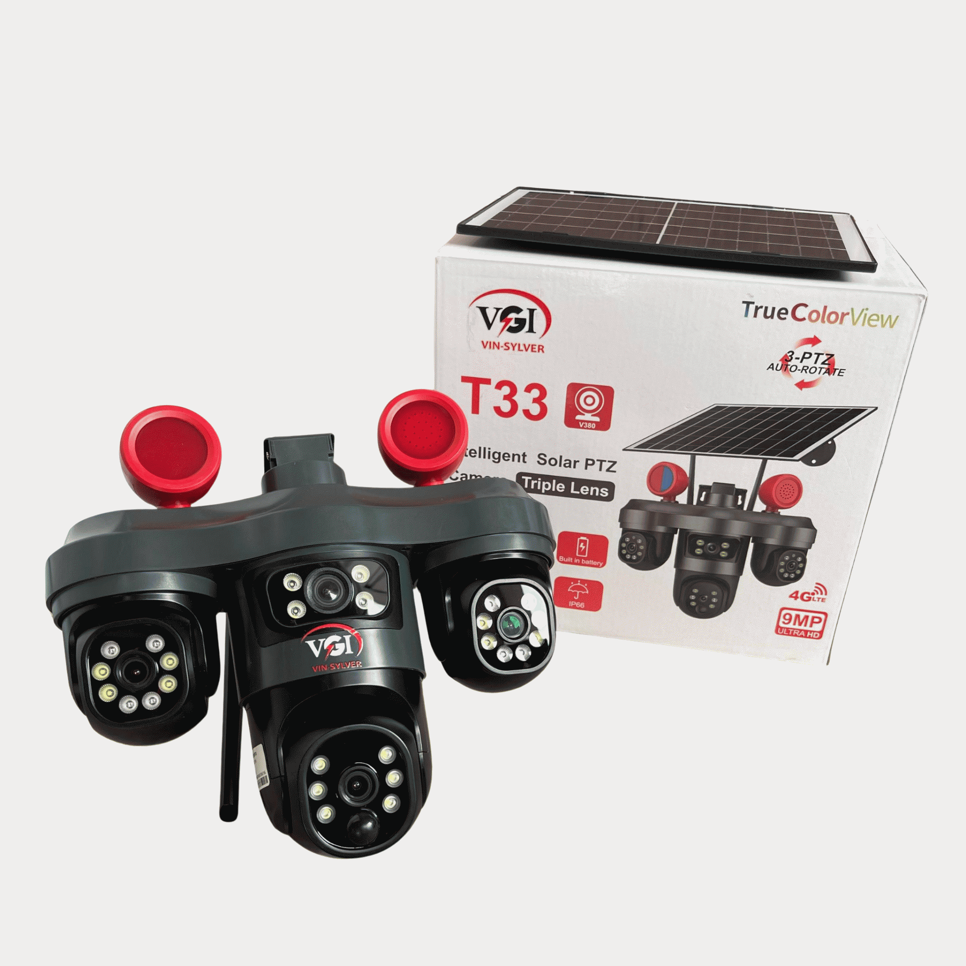Vin Sylver 9mp 4g T33 Triple Lens Solar 3 Ptz Auto Rotate Big Outdoor Camera V380 App