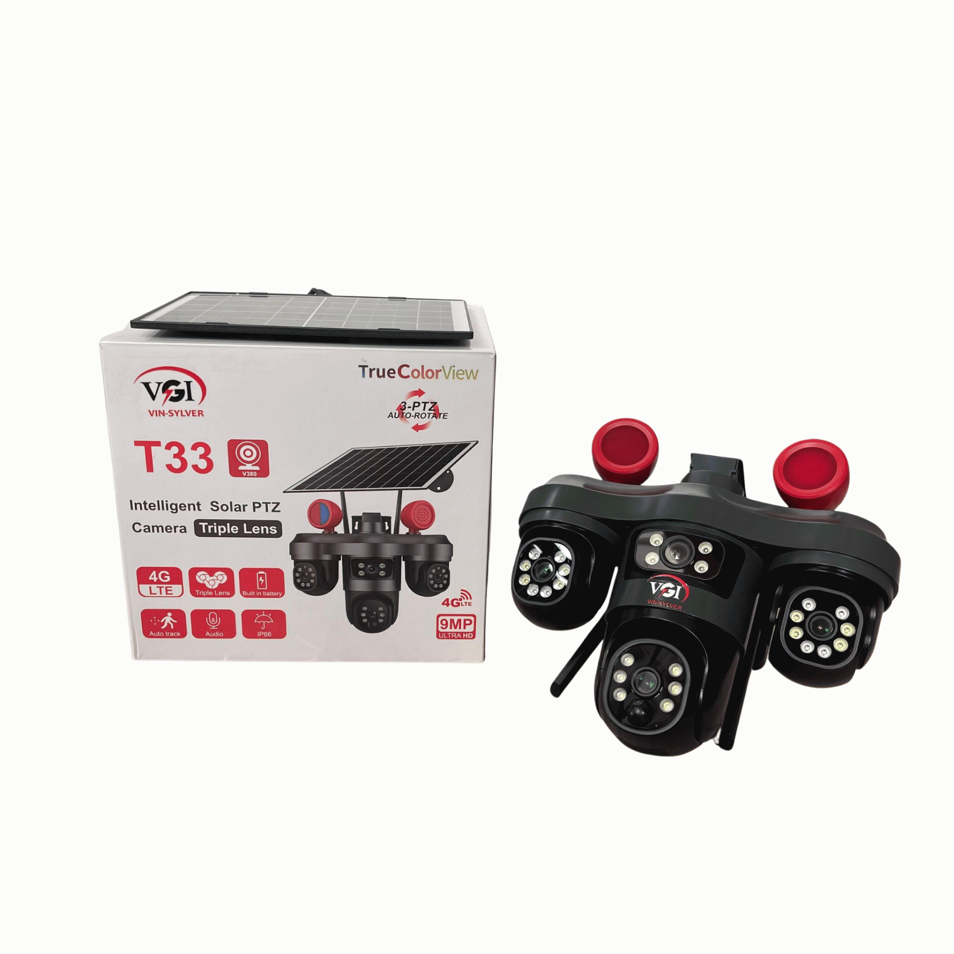 Vin-Sylver 9MP 4G T33 Triple Lens Solar 3-PTZ Auto Rotate Big Outdoor Camera (V380 APP)