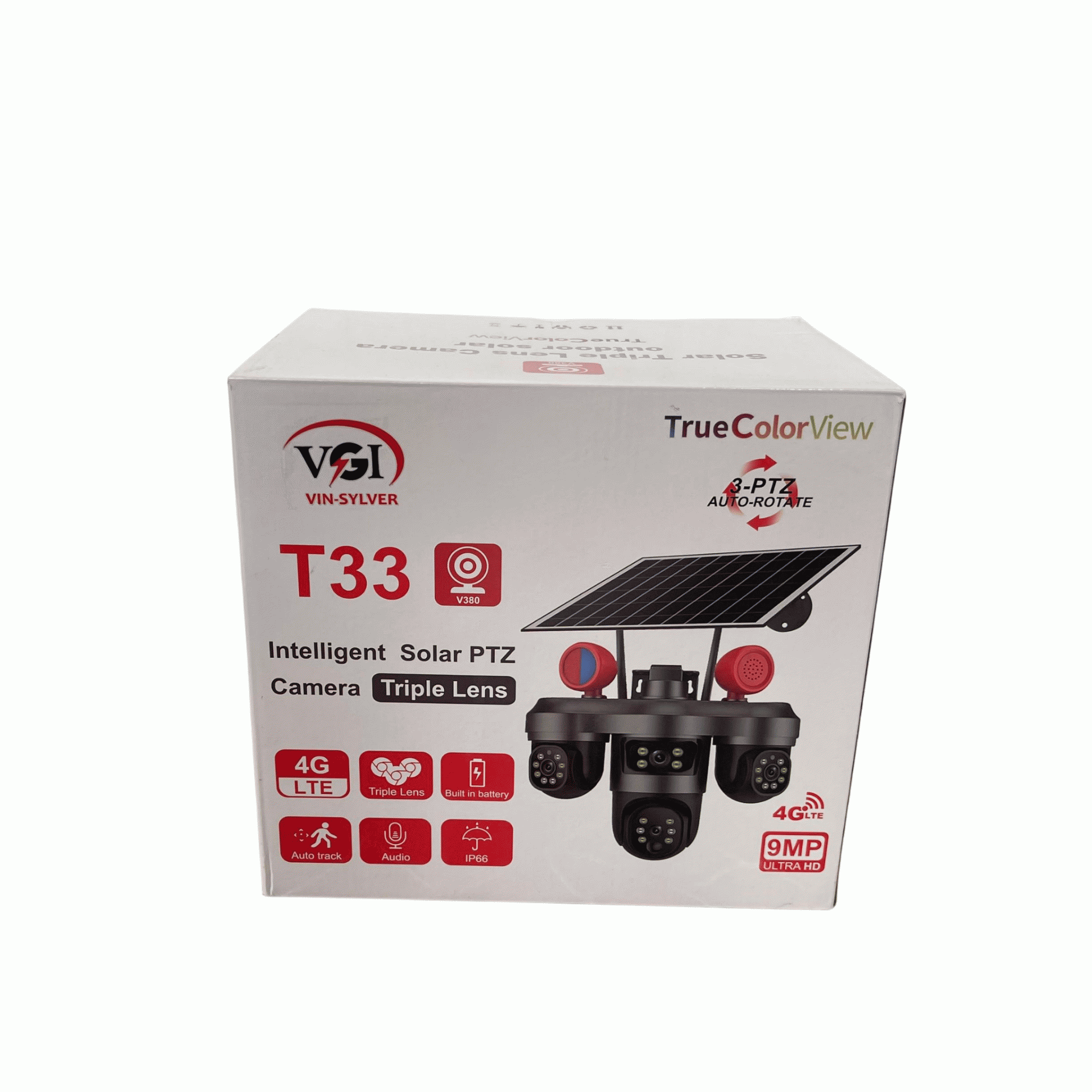 Vin Sylver 9mp 4g T33 Triple Lens Solar 3 Ptz Auto Rotate Big Outdoor Camera V380 App